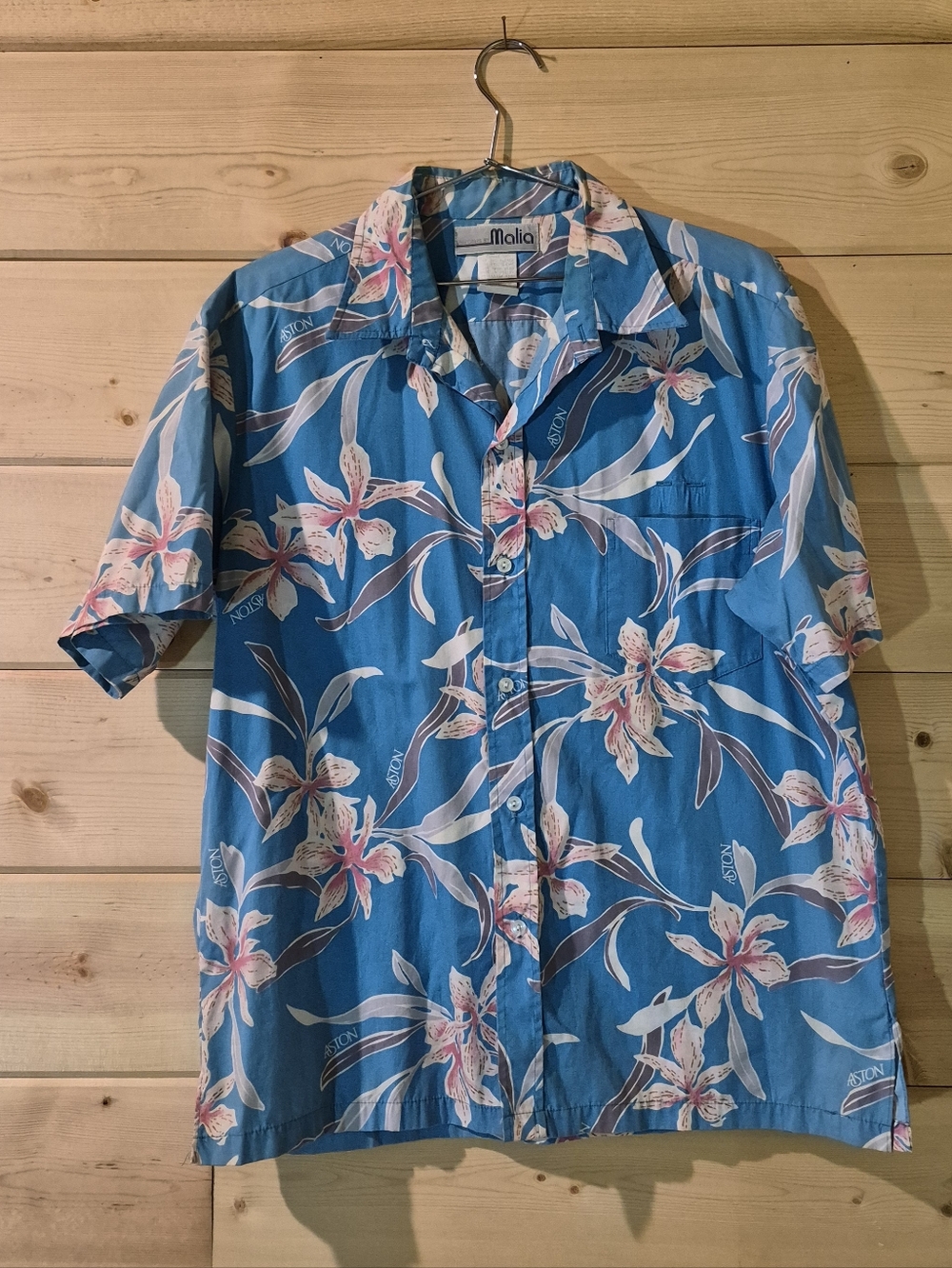 Vintage Malia Blue Hawaiian Floral Short Sleeve Button-Down Shirt Size XL 25x29